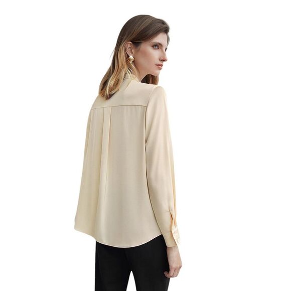 NEW MOTF X-Small Peach Beige Mock Neck Blouse Yoke Box Pleat Shirt tail Office - Picture 2 of 15